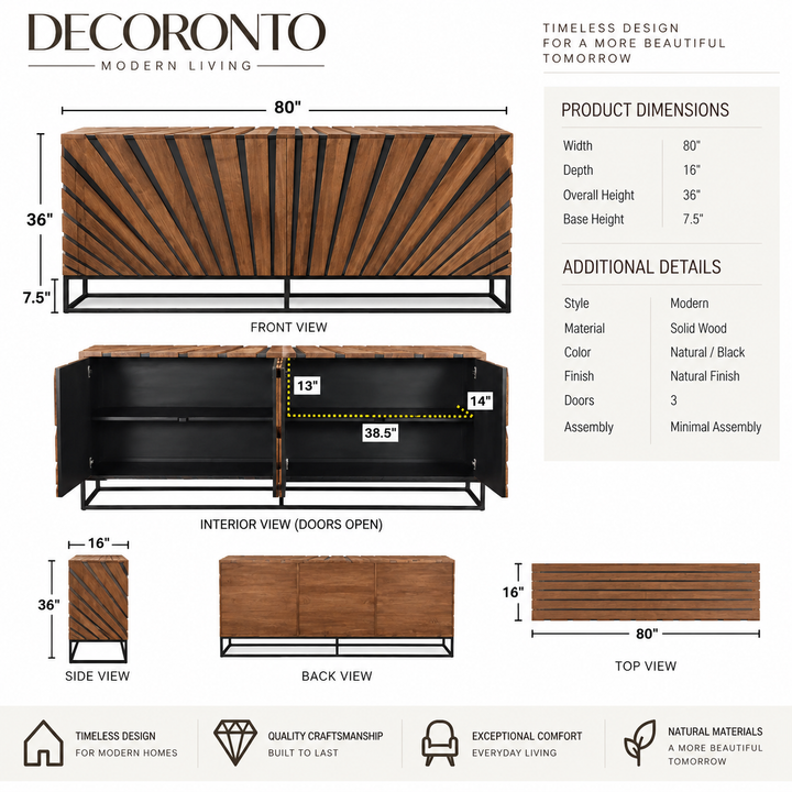A product infographic for the Decoronto Modern Living sideboard, showing multiple views (front, interior, side, back, top) with dimensions, alongside a product details table on a white background.