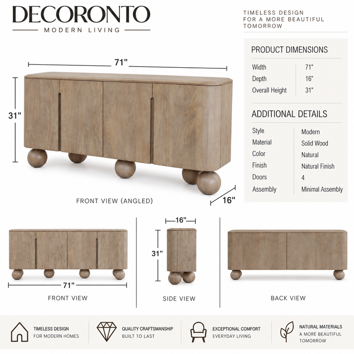 Decoronto modern living wooden storage cabinet with ball feet, shown in a front view with dimension annotations, additional views, and product specifications on a white background.