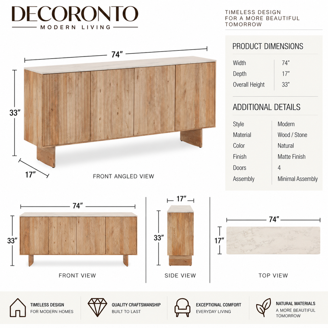 Decoronto modern credenza sideboard cabinet with detailed dimension annotations showing front, side, and top views, alongside product specifications and feature icons on a white background.