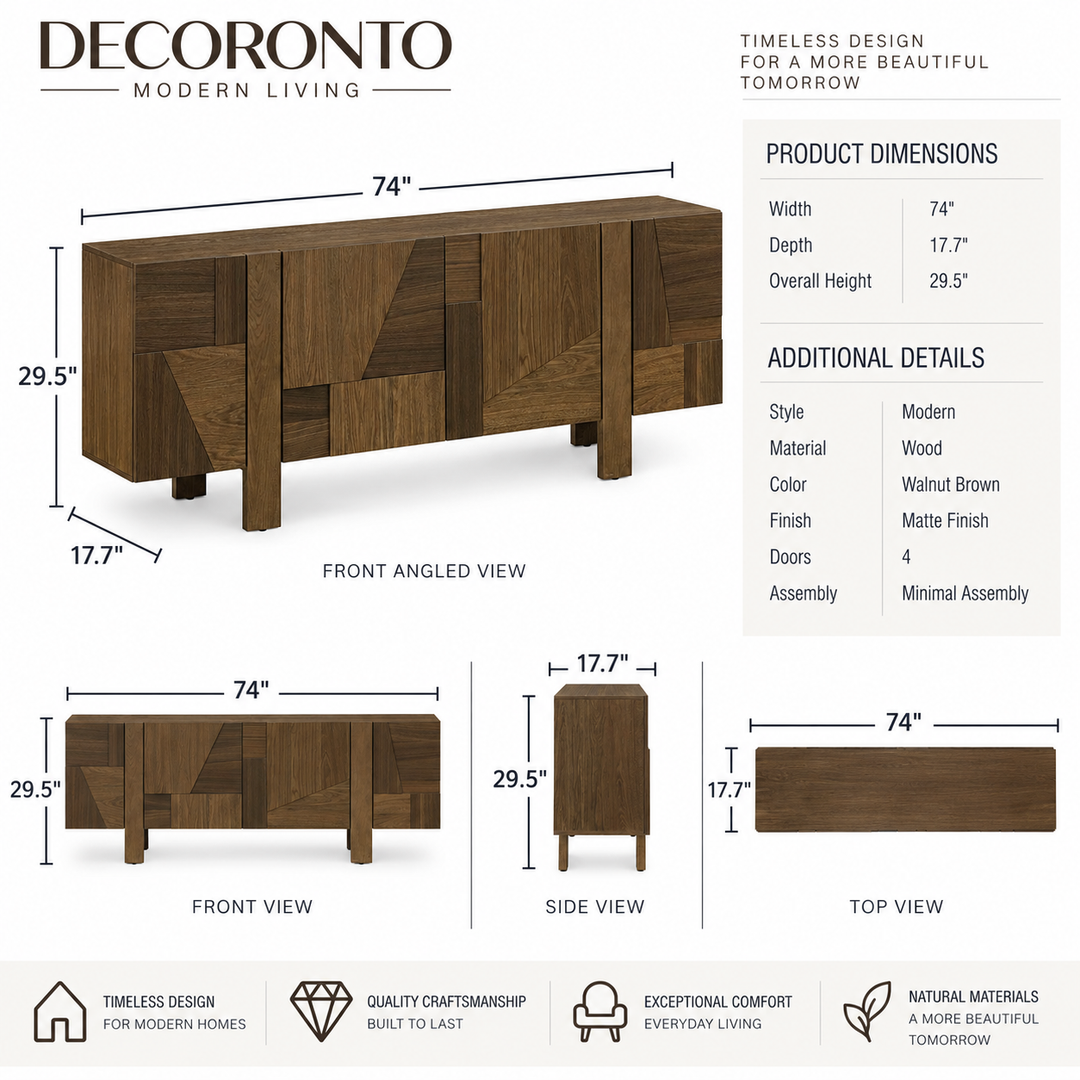 Decoronto modern credenza shown with multiple labeled views and dimensions on a white background, including front angled view, front view, side view, and top view. The product has a brown wood-and-cork textured front, slim dark legs, and measurement callouts listing width 71", depth 16", and overall height 31".