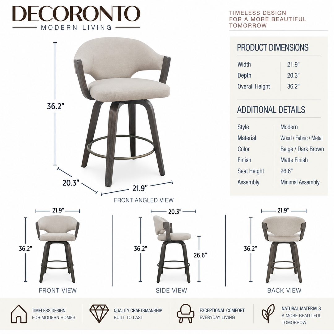 A product infographic for a Decoronito modern bar stool, showing a large angled view with dimensions, plus smaller front, side, and back views. The stool has a beige upholstered seat and backrest with a dark brown wood frame.