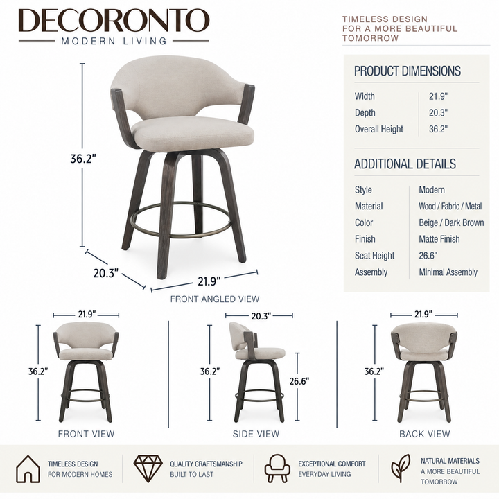 A product infographic for a Decoronito modern bar stool, showing a large angled view with dimensions, plus smaller front, side, and back views. The stool has a beige upholstered seat and backrest with a dark brown wood frame.