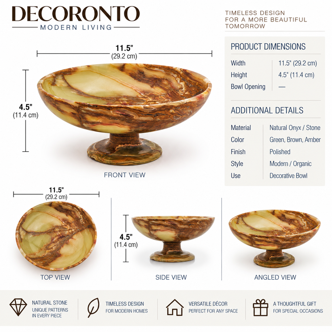 Decoronto pedestal bowl shown with labeled front, top, side, and angled views, plus product dimensions and material/color information on a white background. The bowl has a marbled natural stone look in warm beige, brown, and amber tones.