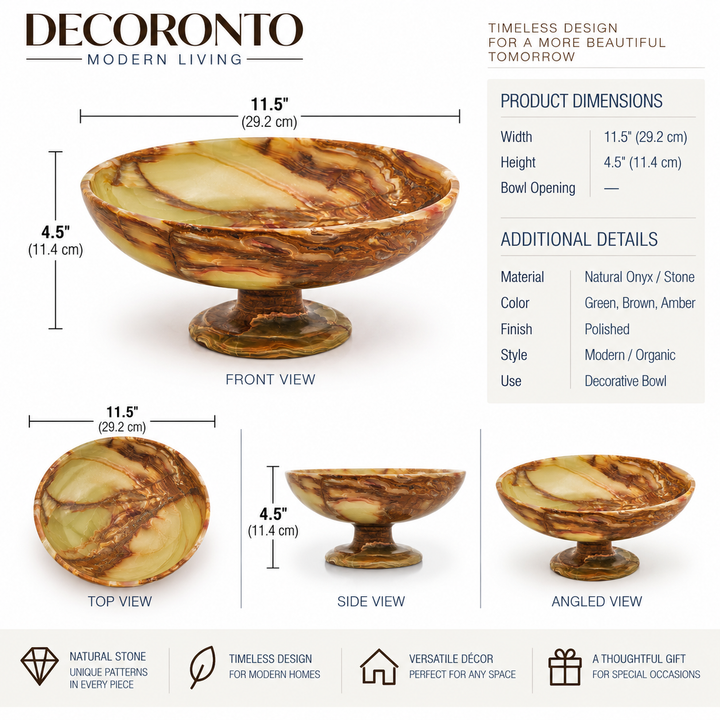 Decoronto pedestal bowl shown with labeled front, top, side, and angled views, plus product dimensions and material/color information on a white background. The bowl has a marbled natural stone look in warm beige, brown, and amber tones.