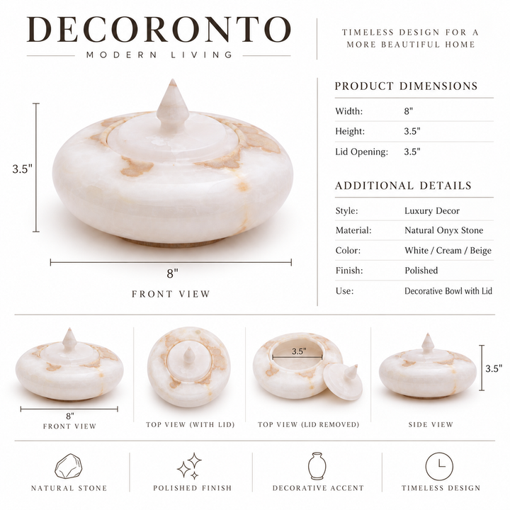 Decoronto modern living decorative stone bowl with lid, shown with product dimensions, front and side views, and feature icons on a white background.