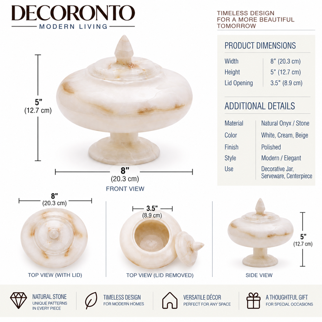 Decoronto modern living decorative jar in natural stone, shown with labeled front, top, side, and lid views, plus product dimensions and feature callouts on a white background.