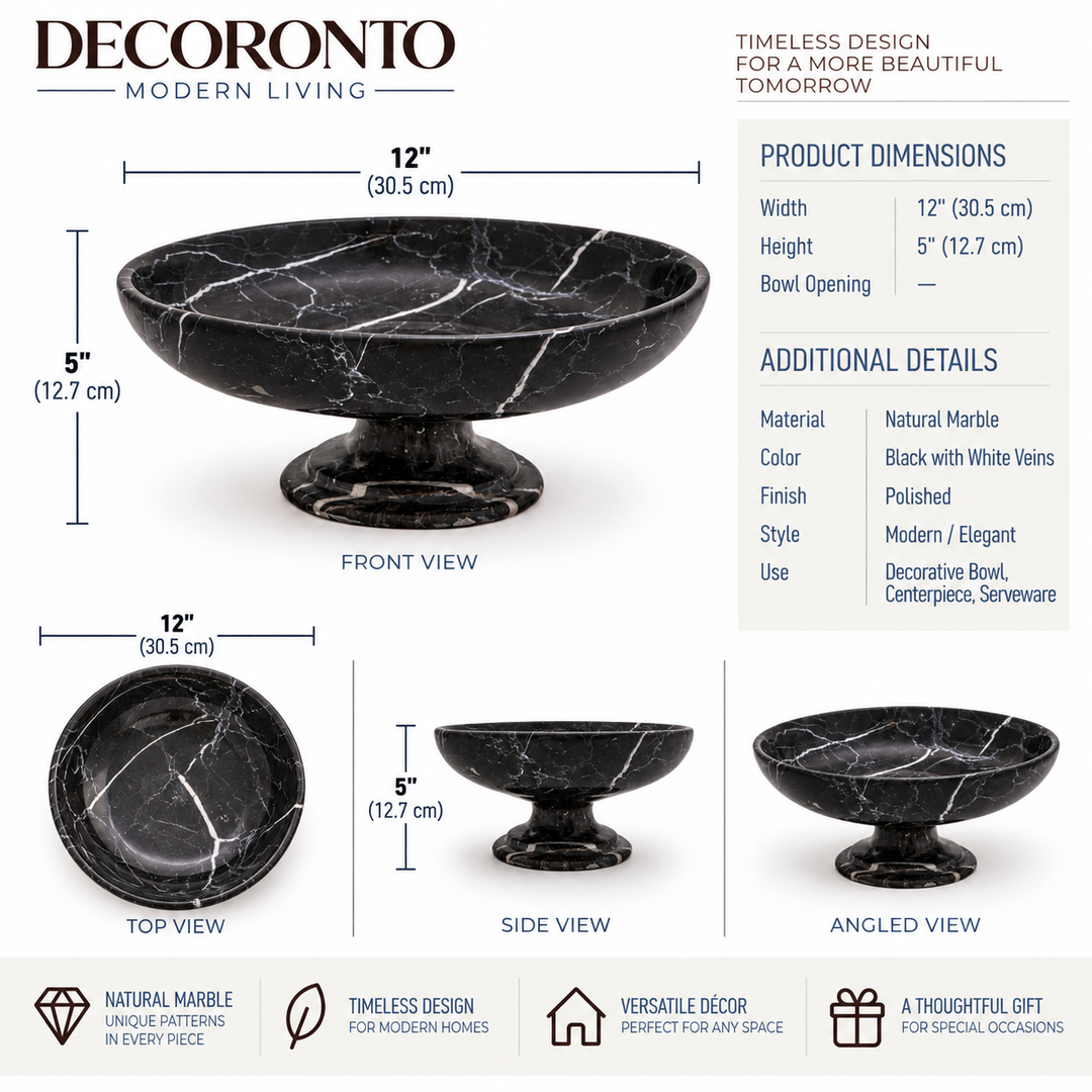 Decoronto pedestal bowl in polished black marble with white veining, shown with front, top, side, and angled views on a white background, with product dimensions and feature callouts.