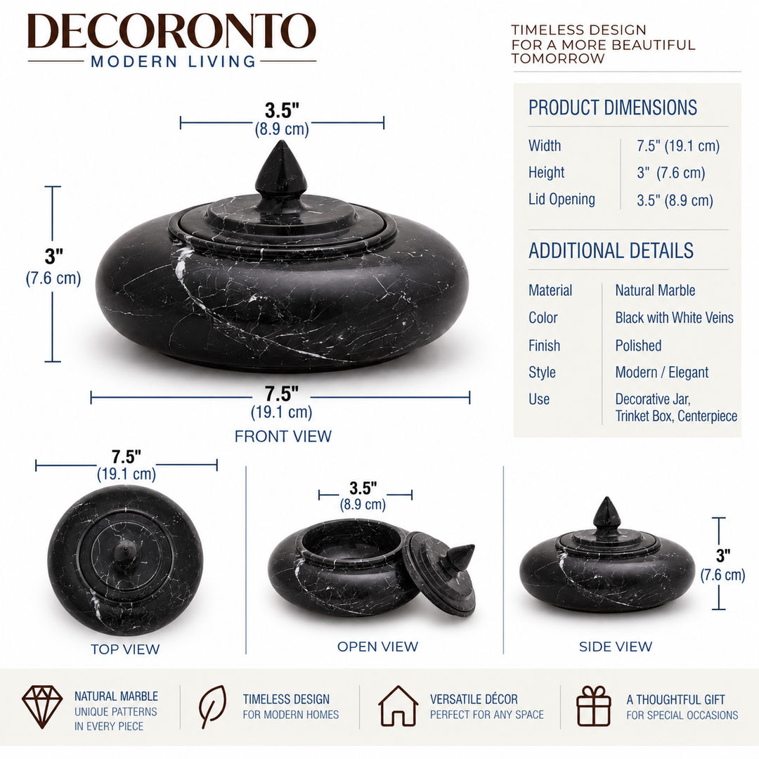 Decoronto black marble lidded jar with detailed product dimensions, front, top, open, and side views, plus material and color details on a white background.