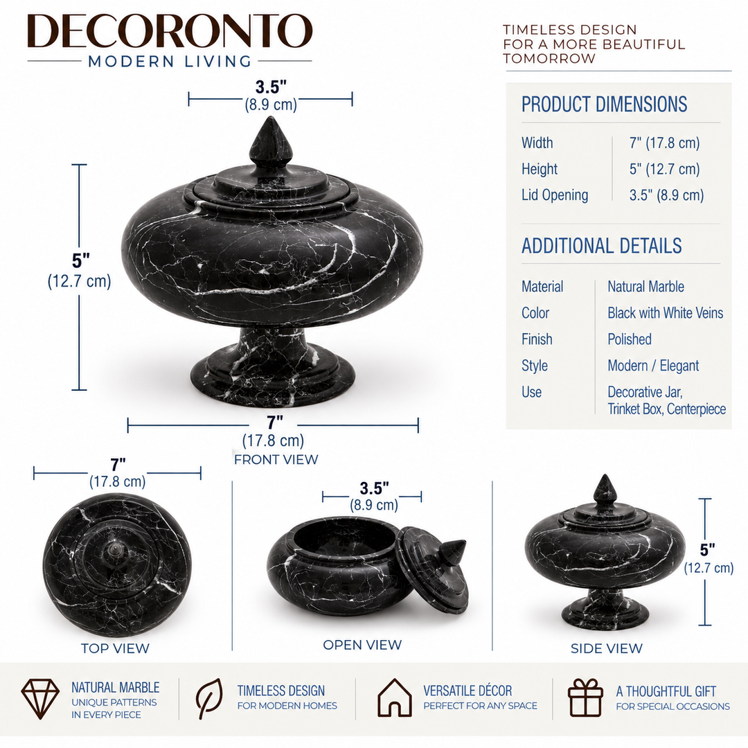 Decoronto black marble lidded jar with size measurements, front/top/open/side views, and product details on a white background.