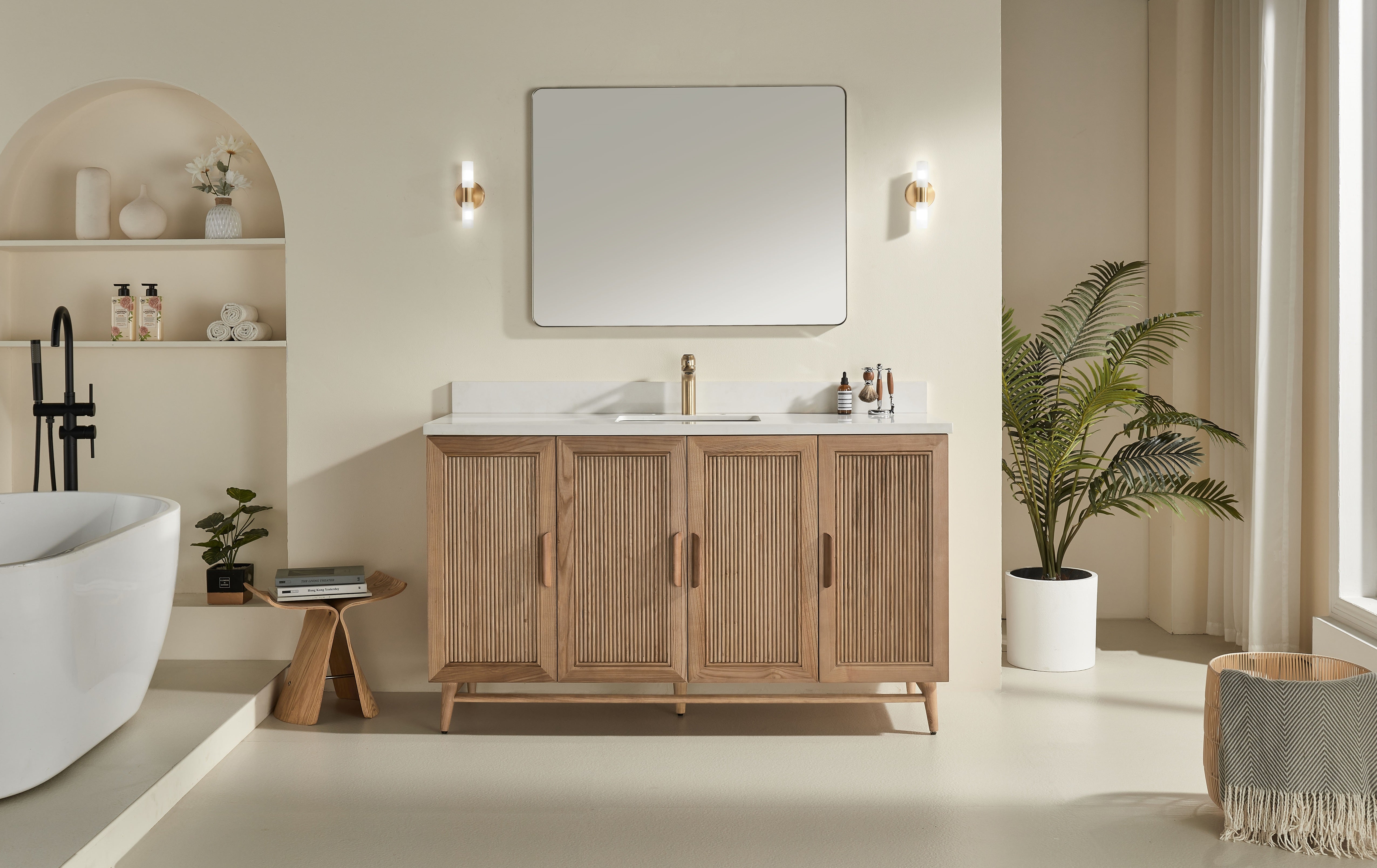 Sunflower - 60" Single Sink, Antique Oak ,Solid Wood Floor Standing Bathroom Vanity, Quartz Countertop - Decoronto