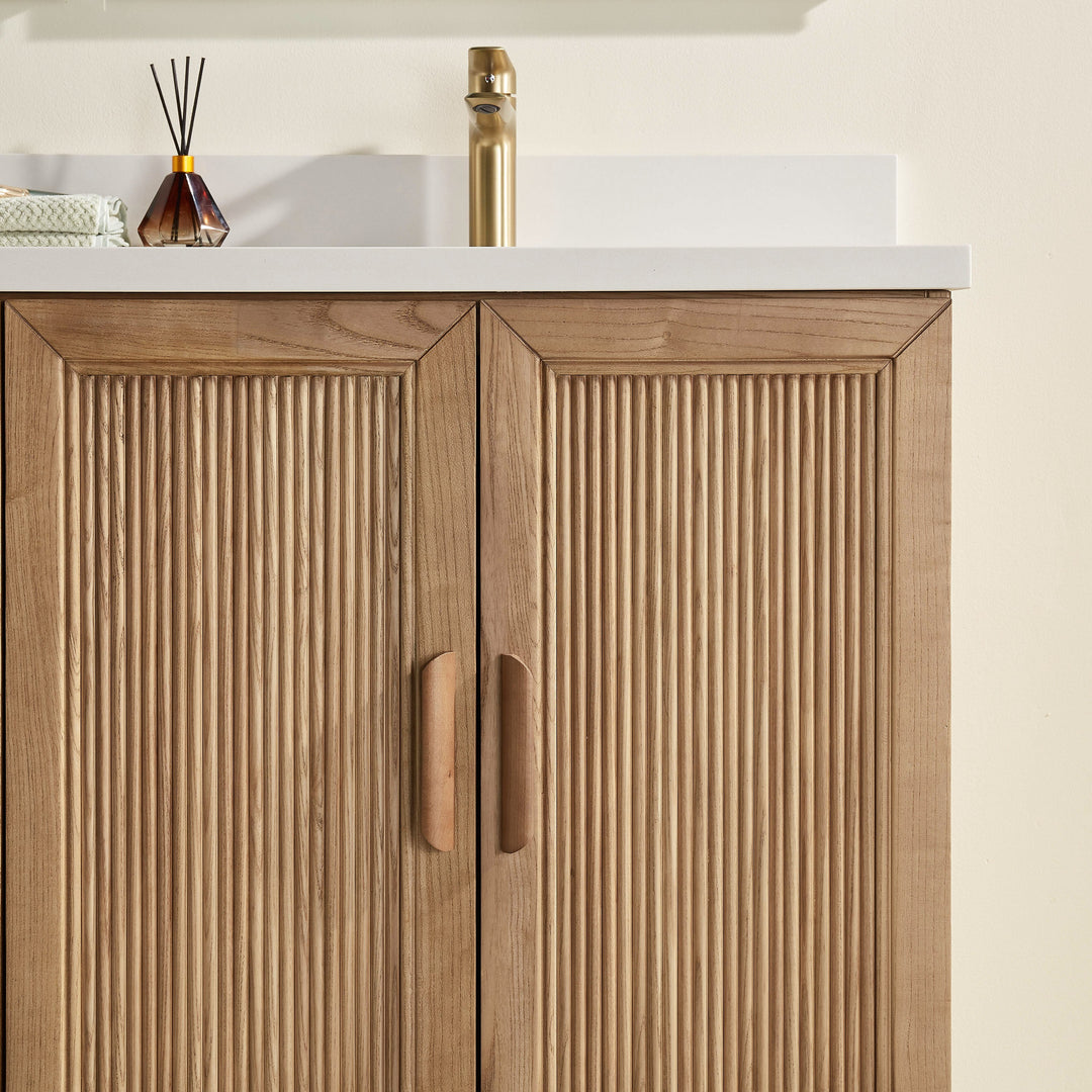 Elora 60" Antique Oak Solid Wood Double Sink Freestanding Bathroom Vanity with White Quartz Countertop &amp; 2 Undermount Sinks | Modern Vanity Canada