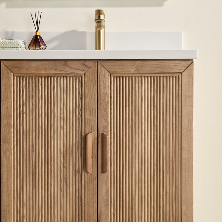 Elora 60" Antique Oak Solid Wood Double Sink Freestanding Bathroom Vanity with White Quartz Countertop &amp; 2 Undermount Sinks | Modern Vanity Canada