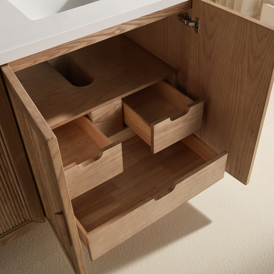 Elora 60" Antique Oak Solid Wood Double Sink Freestanding Bathroom Vanity with White Quartz Countertop &amp; 2 Undermount Sinks | Modern Vanity Canada