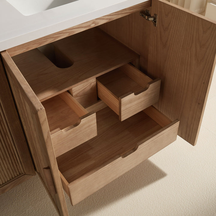 Elora 60" Antique Oak Solid Wood Double Sink Freestanding Bathroom Vanity with White Quartz Countertop &amp; 2 Undermount Sinks | Modern Vanity Canada
