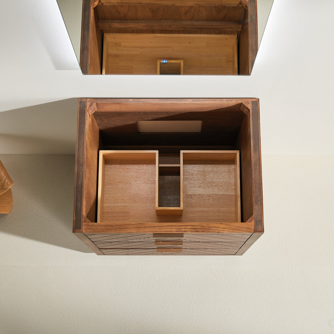 Mira walnut vanity dovetail drawer interior solid wood joinery detail