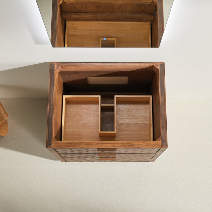 Mira walnut vanity dovetail drawer interior solid wood joinery detail