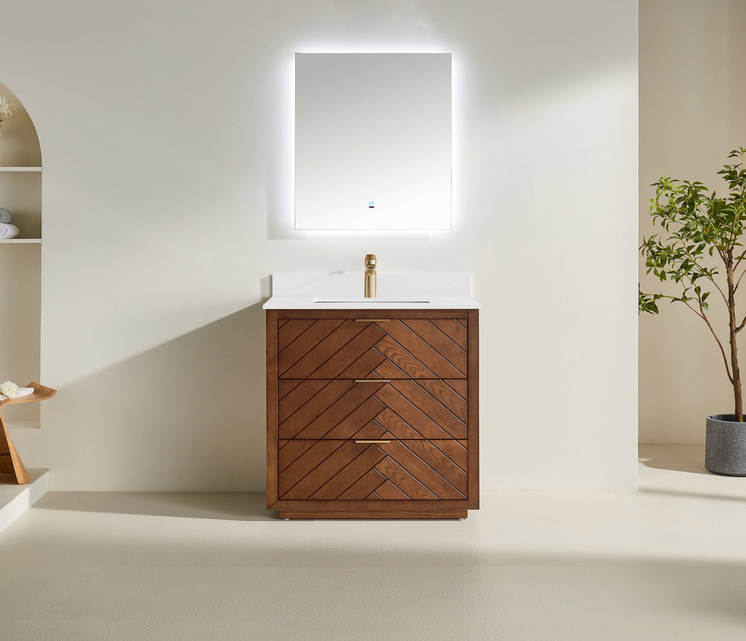 Mira 36" Walnut Solid Wood Freestanding Bathroom Vanity with Quartz Countertop | Modern Single Sink Vanity Canada