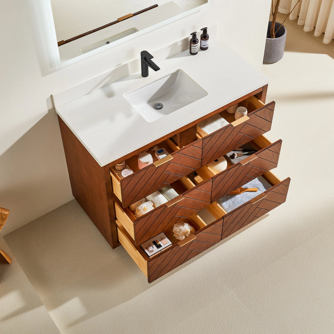Mira 48″ Bathroom Vanity with Quartz Top - Walnut - Decoronto