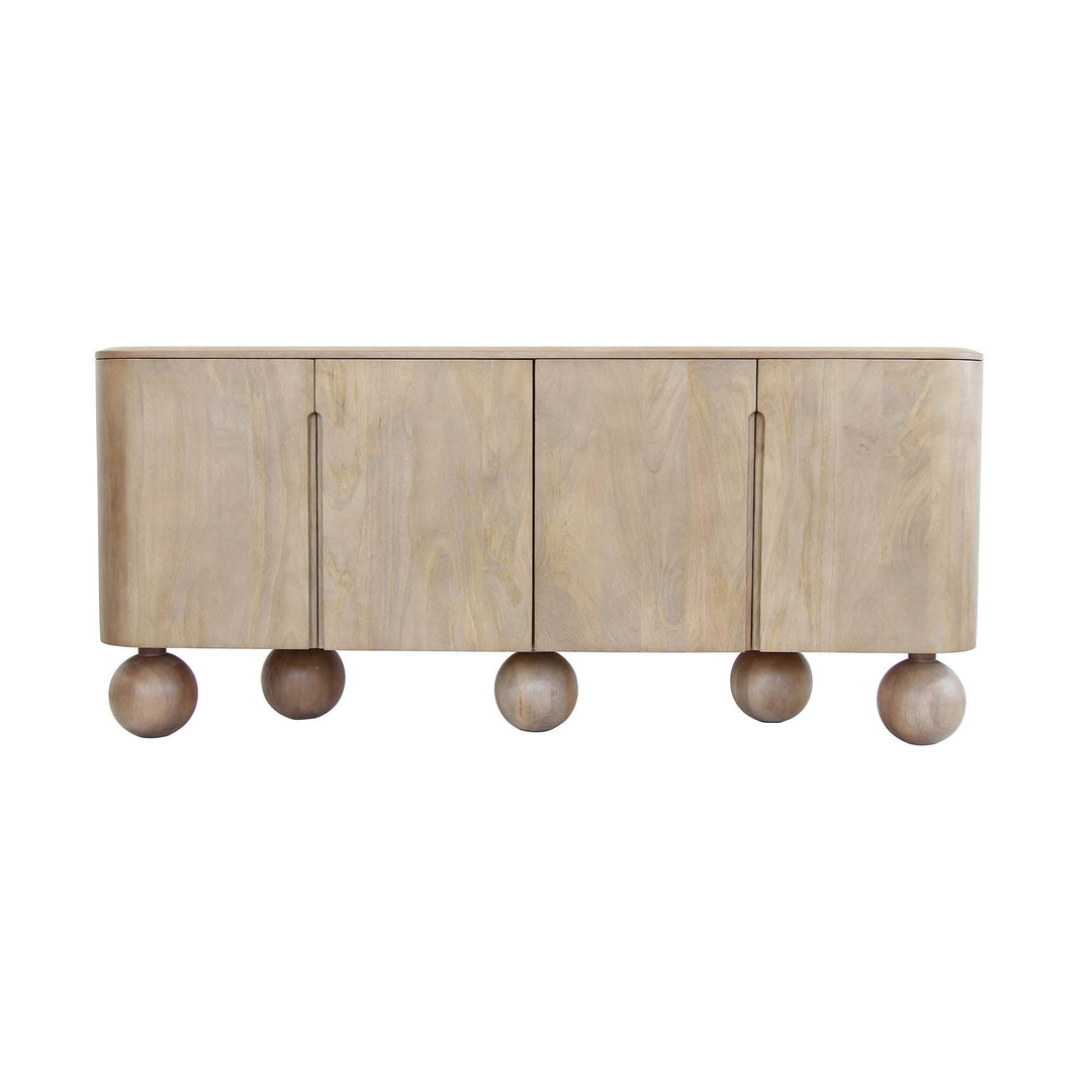 Solid mango wood sideboard with sculptural sphere legs and curved edges. Timeless, creative, and durable. Free Canada-wide shipping.