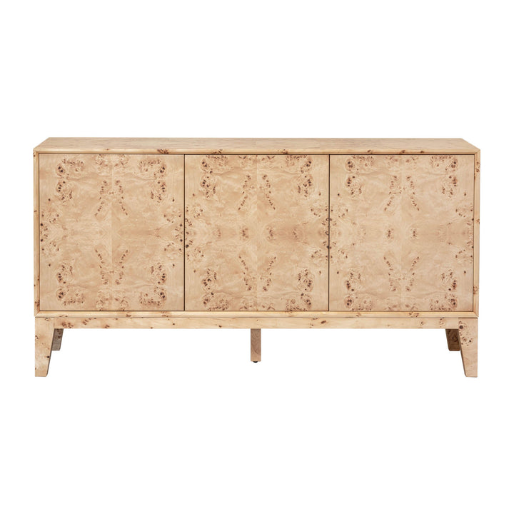 Luxurious Mappa burl wood sideboard with mesmerizing grain patterns. Elegant 3-door storage for modern homes. Free Canada-wide shipping.