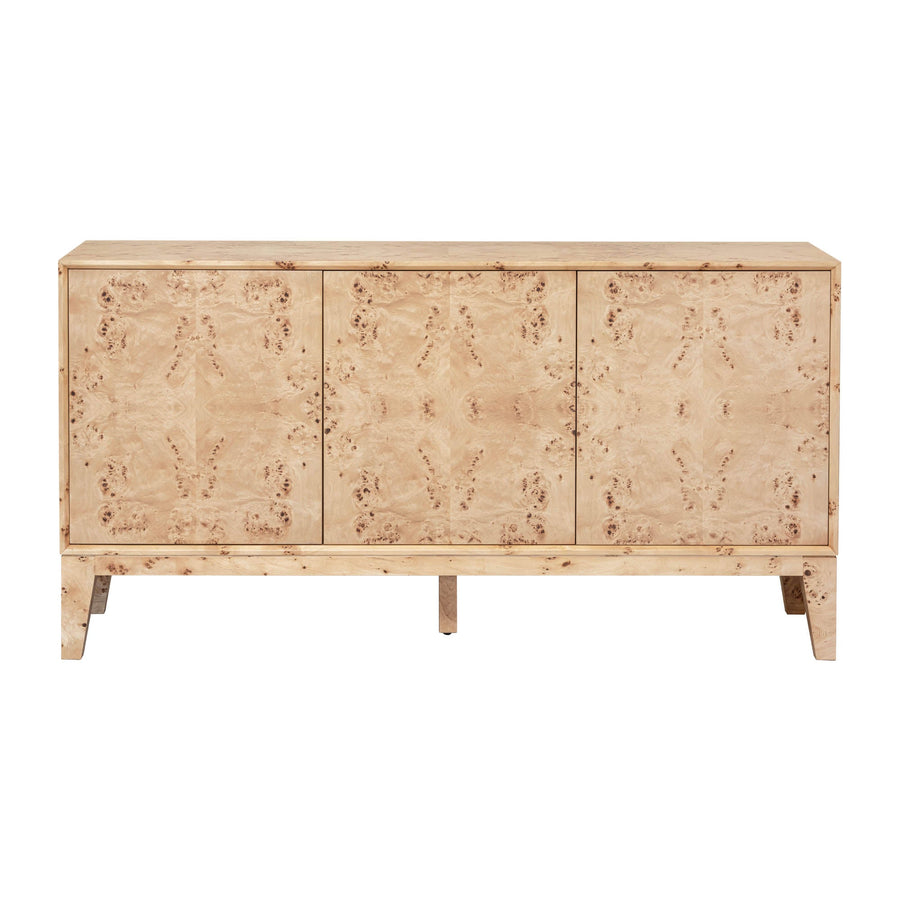 Luxurious Mappa burl wood sideboard with mesmerizing grain patterns. Elegant 3-door storage for modern homes. Free Canada-wide shipping.