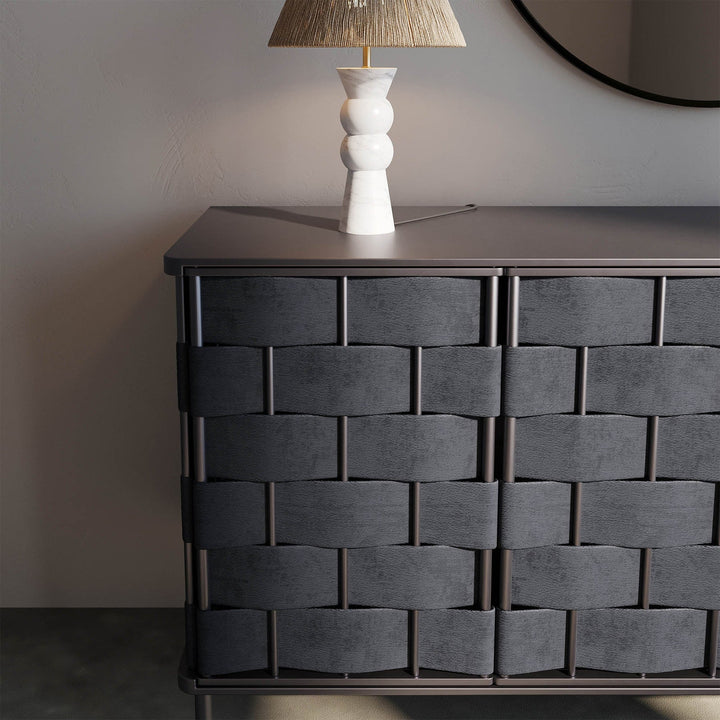 Loom Noir black leather dark bronze frame brass cap leg three tone palette