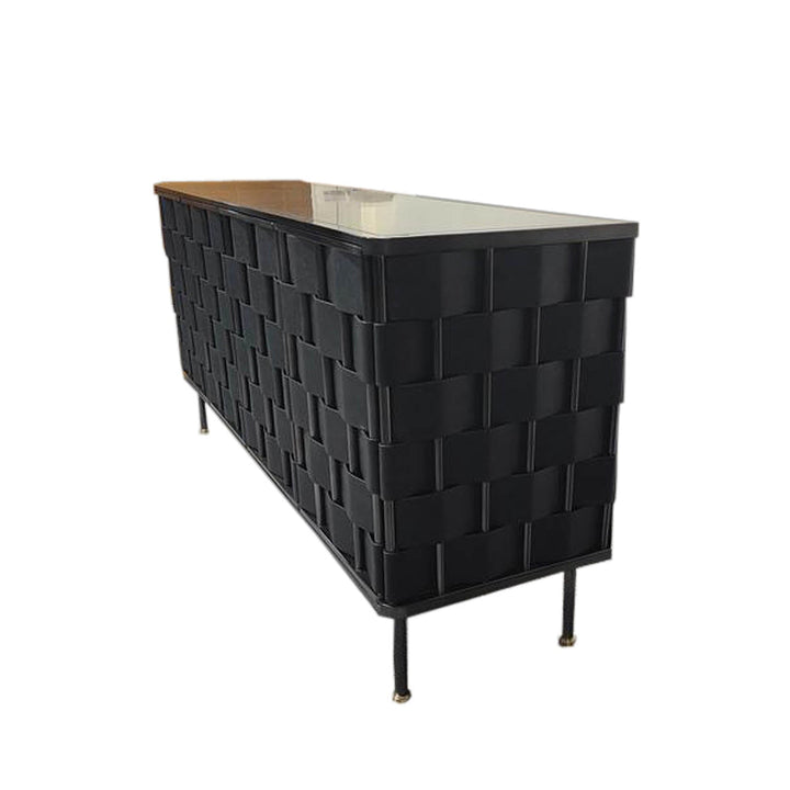 Loom Noir black leather dark bronze frame brass cap leg three tone palette