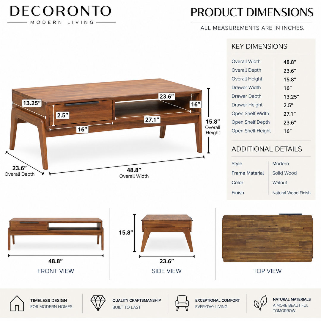 Product dimensions diagram for a Decoronto modern living wooden coffee table, showing front, side, and top views with labeled measurements and material details on a white background.