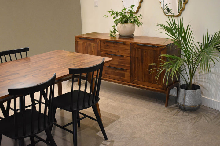 Rune 63 inch mid-century sideboard styled in modern Canadian dining room