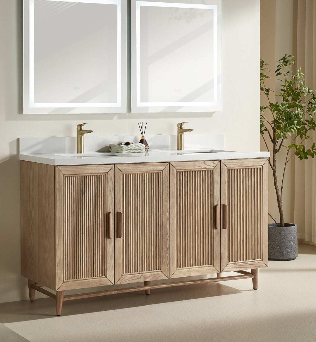 Elora 60 inch antique oak double sink freestanding bathroom vanity with white quartz countertop Canada