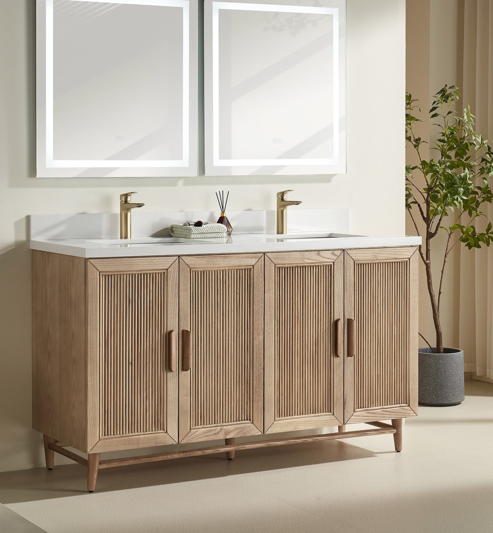 Elora 60 inch antique oak double sink freestanding bathroom vanity with white quartz countertop Canada