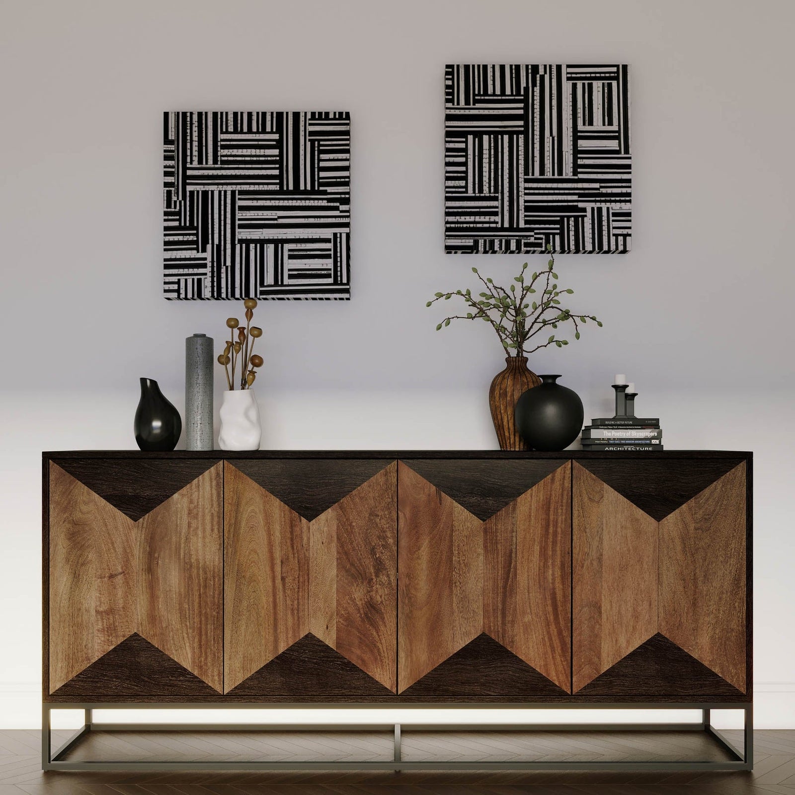 Hex 80 inch sideboard four push-open doors hexagon pattern black iron frame