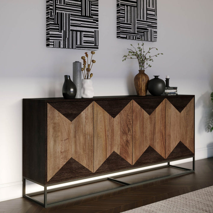 Hex mango wood hexagon sideboard styled in geometric modern Canadian living room